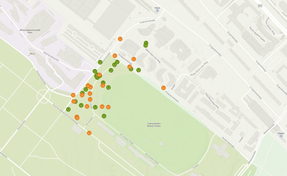 Part of the Basemap with the results from the PPGIS-survey at Viertel Zwei